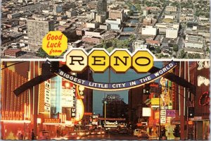 Postcard NV Reno Arch with aerial view