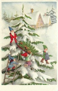 Postcard RPPC 1930s Christmas Tree Elves decoration Fantasy TP24-1954