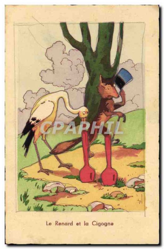 Old Postcard Fantasy Illustrator The fox and the stork