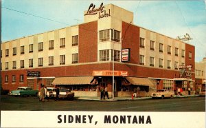 Hotel Lalonde Sidney Montana 1960s Postcard  Retro Cars People Street Scene