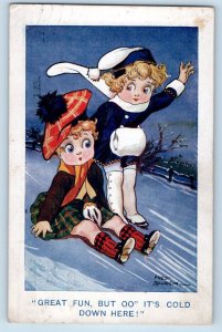Fred Spurgin Signed Postcard Children Sledding Handwarmer Winter Scene c1910's