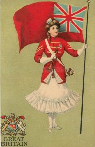 C1910 UK Great Britain Patriotic woman flag crest Postcard 25-1032