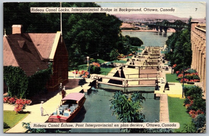 Vtg Ottawa Ontario Canada Rideau Canal Locks Interprovincial Bridge Postcard