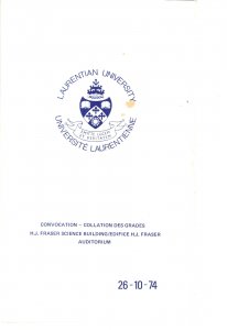 1974 Student Convocation Program Laurentian University, Sudbury, Ontario