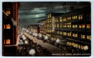 SEATTLE, WA Washington ~ Second Avenue STREET SCENE at NIGHT c1910s  Postcard