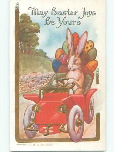 Unused Pre-Linen easter HUMANIZED BUNNY RABBIT DRIVES VERY EARLY CAR k2137