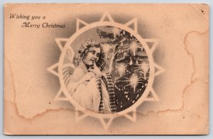 Postcard 1912 Wishing You a Merry Christmas Greetings Girl at a Christmas Tree