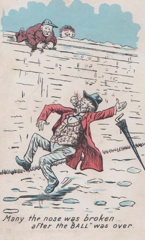 Man Sliding On Way To Ball Dance Broken Nose Snowball Antique Comic Postcard
