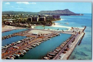 Honolulu Hawaii Postcard Yacht Harbor Waikiki Hotel District Diamond Head c1960