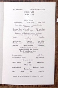 1939 YOSEMITE THE AHWAHNEE MENU ANSEL ADAMS MARIPOSA GROVE AUG 1 BREAKFAST Z2881