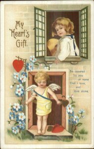 Unsigned Clapsaddle Valentine Cupid at Door Child in Window c1910 Postcard #3