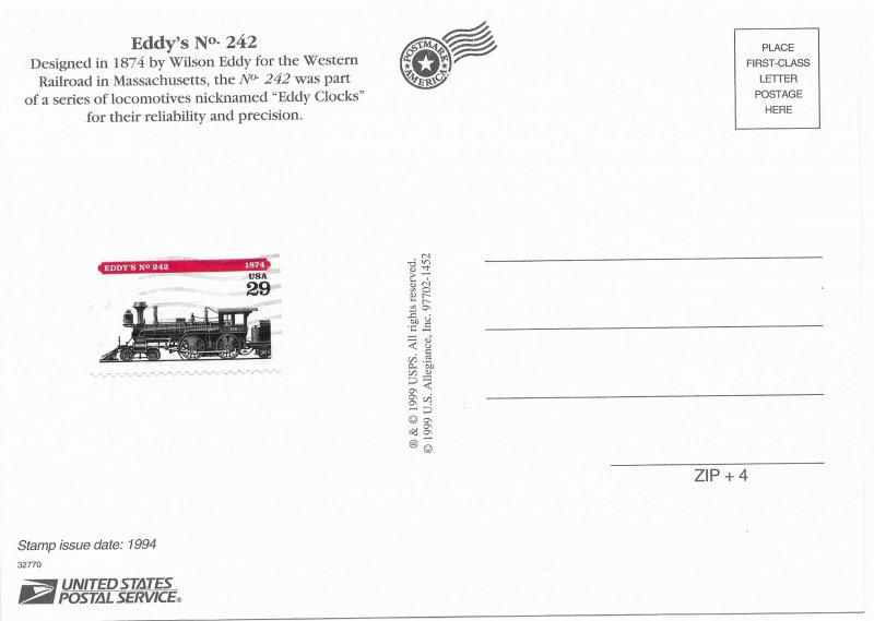 US Unused. #2845 Locomotive -Eddy's No 242 (1874) includes used #2845 stamp.