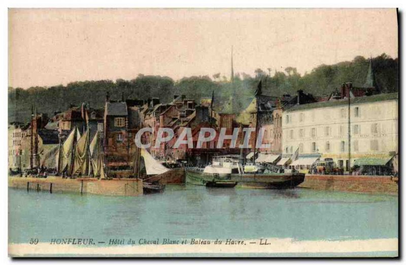 Postcard Old Honfleur Hotel du Cheval Blanc and Boat Harbor