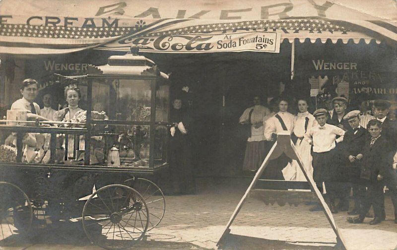 Bakery Coca-Cola Sign Popcorn Wagon Busy Storefront Real Photo Postcard