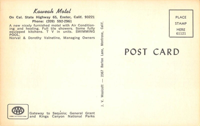 Exeter, California KAWEAH MOTEL Tulare County Roadside 1960s Vintage Postcard