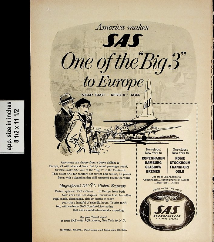 1957 SAS Scandinavian Airlines Big 3 Europe Travel Vintage Print Ad 6722
