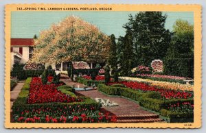 Portland Oregon~Lambert Gardens~Spring Time Scene~Flowers~Linen 1940s Postcard