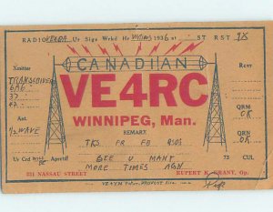 1930s QSL RADIO CARD Winnipeg Manitoba MB AH3257