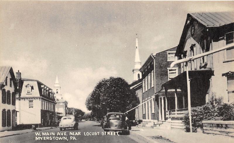 Myerstown Pennsylvania~West Main Avenue by Locust Street~Houses~Churche~50s Cars