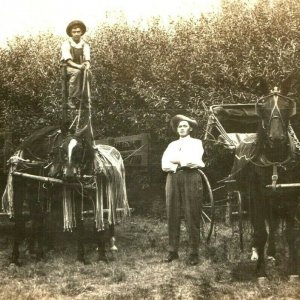 1910s Horses Carriage Trailer Rider Man Elevated RPPC Real Photo Big Trousers A8