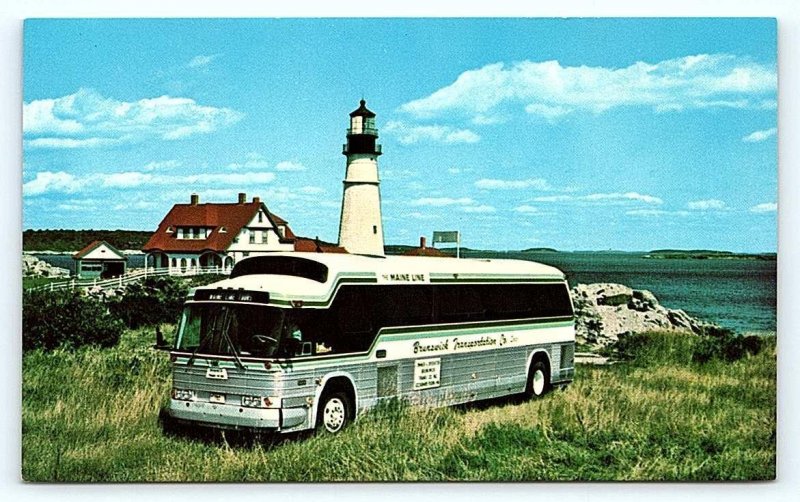 CASCO BAY, ME Maine ~ TOUR BUS at PORTLAND HEAD LIGHT c1970s  Postcard