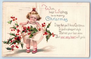 Christmas Postcard Cute Little Girl With Holly Berries Winsch Back Embossed 1915