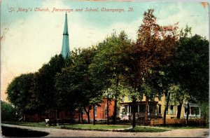 Vintage St. Mary's Church Parsonage & School Champaign Illinois IL Postcard