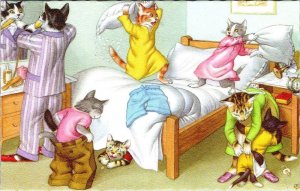 MAINZER Dressed Cats #4856 BEDTIME~PILLOW FIGHT Anthropomorphic BELGIUM Postcard