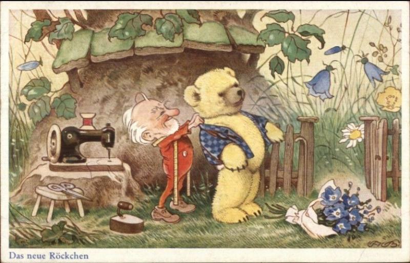 Fantasy Elf Gnome Tailor Fitting Teddy Bear For Suit c1920 Postcard jrf