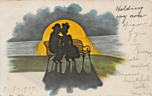 HOLDING MY OWN~ROMANTIC SILHOUETTED COUPLE-MOONLIGHT BENCH~1907 PSTMK POSTCARD