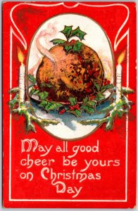 Christmas Greetings Good Cheer Turkey Holly Embossed Antique Postcard 1908