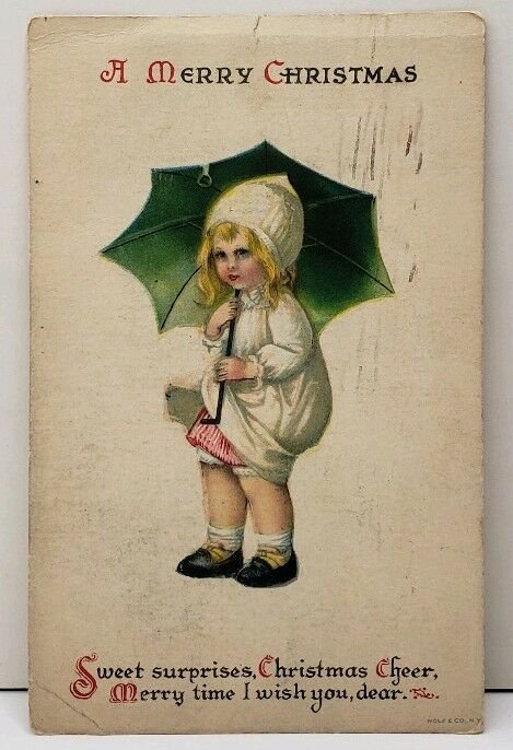 Merry Christmas Sweet Surprise, Little Girl Green Umbrella Toledo OH Postcard F4