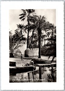 Libya Oasis Palm Trees Beach Castle Real Photo RPPC Postcard 