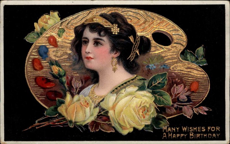 Birthday Beautiful Woman Gilt Embossed Painter's Palette Gel c1910 Postcard