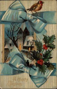 Christmas Songbird Holly Blue Ribbon Embossed c1900-20s Vintage Postcard