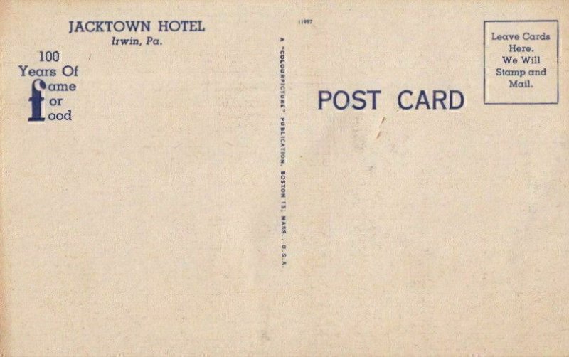 Postcard Jacktown Hotel Lincoln Highway One Mile West Irwin PA