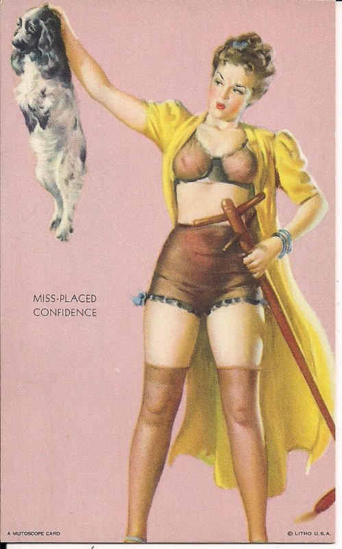 ARCADE CARD, Sexy Woman, MUTOSCOPE 1940's Pin-Up, Girl w Dog Lingerie Stockings