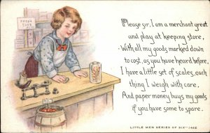 Little Men Series 146E Little Boy Plays Grocer Market Scale c1910 Postcard