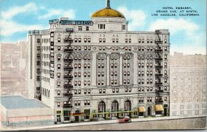 Vtg 1930s Hotel Embassy Grand Avenue Los Angeles California CA Linen Postcard