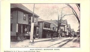 Wareham MA Main Street Store Fronts Trolley Tracks Horse & Wagons Postcard