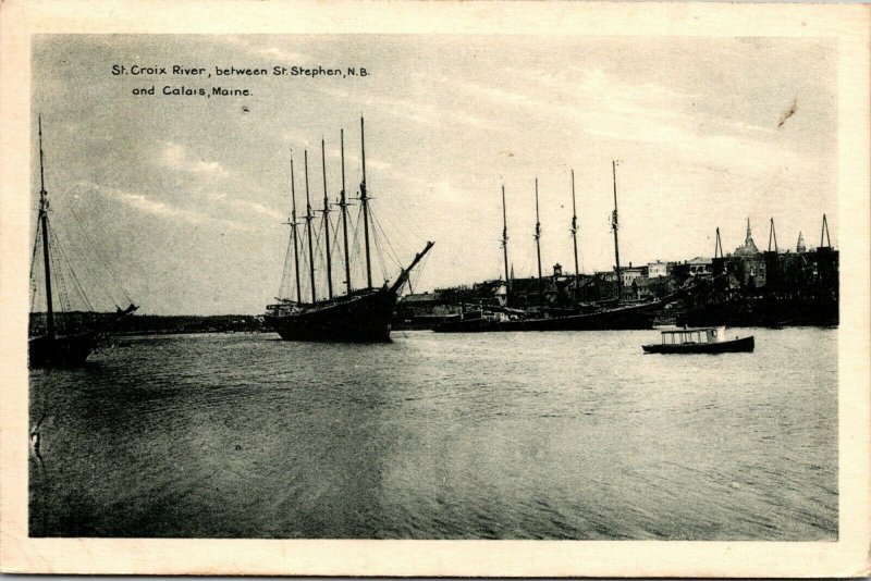 Vtg Sailboats on St Croix River between St Stephen and Calais Maine ME Postcard