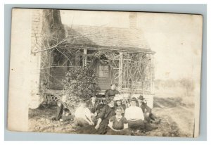 Vintage 1910's RPPC Postcard - Family Photo Front of Farm Home - Lots of Vines