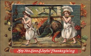 Thanksgiving Fantasy Chef Children with Dead Turkey c1910 Vintage Postcard