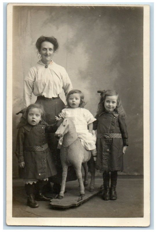 c1910's Mother And Children Horse Toy Studio England UK RPPC Photo Postcard