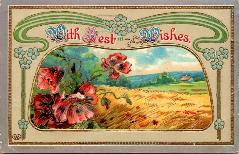 WITH BEST WISHES - FARM SCENE - VINTAGE - POSTCARD 