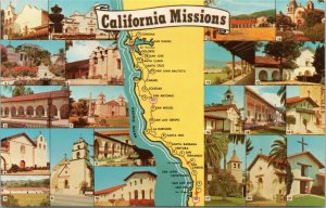 postcard  California Mission - souvenir map with images of missions