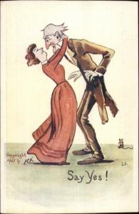 PCK Comic - Tall Man Short Woman SAY YES c1905 Postcard