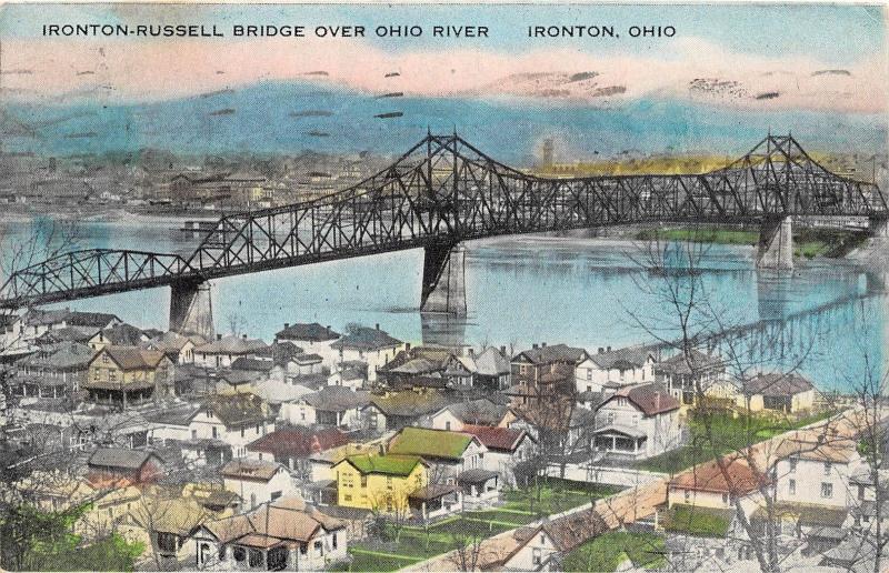 D38/ Ironton Ohio Postcard 1940 Ironton-Russell Bridge over Ohio River Homes