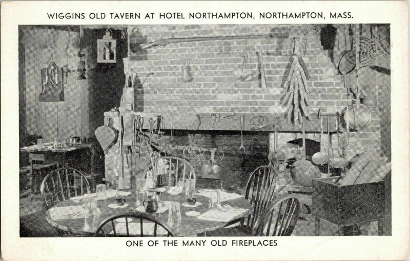 Wiggins Old Tavern Hotel Northampton Mass Fireplace Interior Vintage Postcard 
