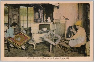 Cartão postal antigo fotogelatina H83 Habitant Spinning & Rug Making Quebec Canadá-
